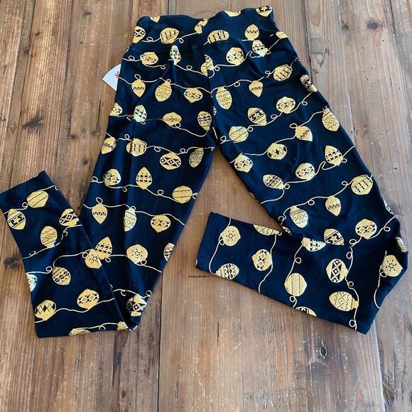 Derek Heart Holiday Leggings Black Shiny Gold Ornament Patterned Christmas Pant - Picture 8 of 11